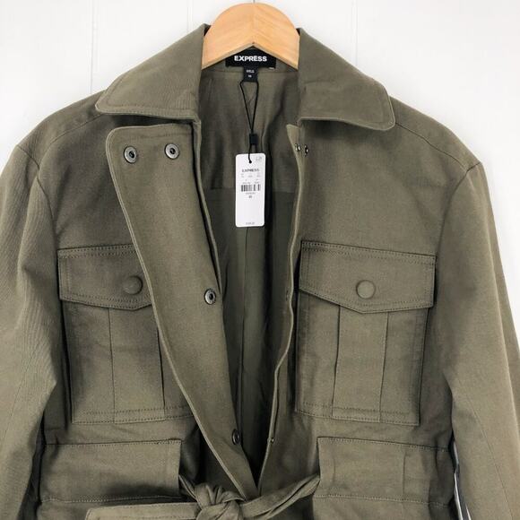 Express Utility Jacket Belt Pockets Oversized Cotton Twill Stretch Size XS Olive - Picture 9 of 16